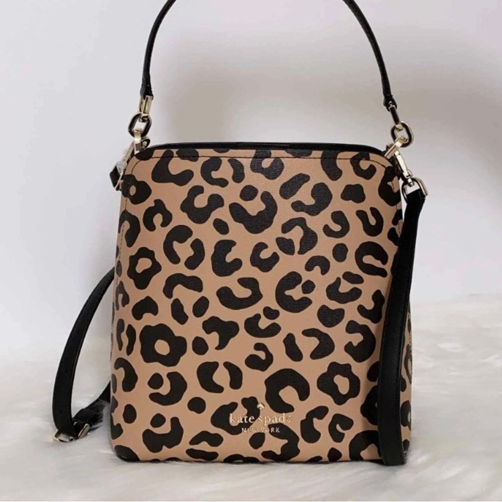 Kate Spade NY Darcy Small Bucket Bag Crossbody Refined Printed Leather Leopard
